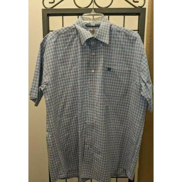 Cinch Mens Oxford Shirt Blue Plaid Short Sleeve Bu